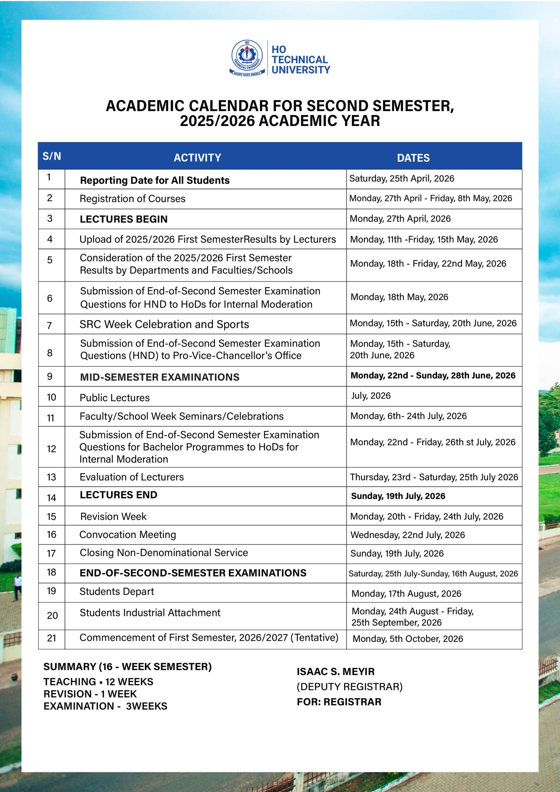 Academic Calendar for Second Semester, 2025/2026 Academic Year - Ho ...